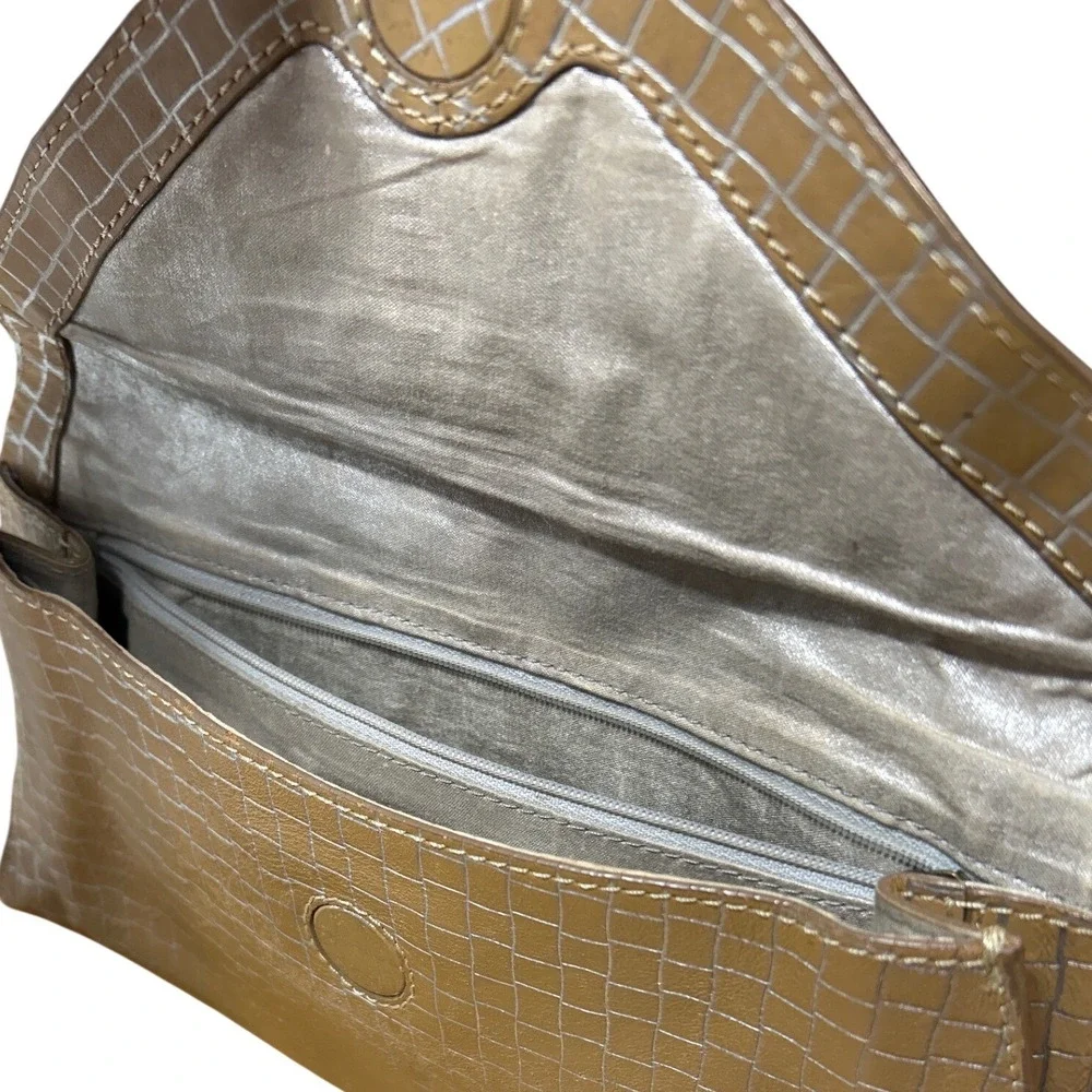 Jasper &‎ Jeera Leather Envelope Clutch Tan Silver Metallic Grid Evening Bag
